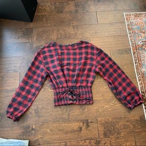 Bershka Plaid long sleeve crop top with tie